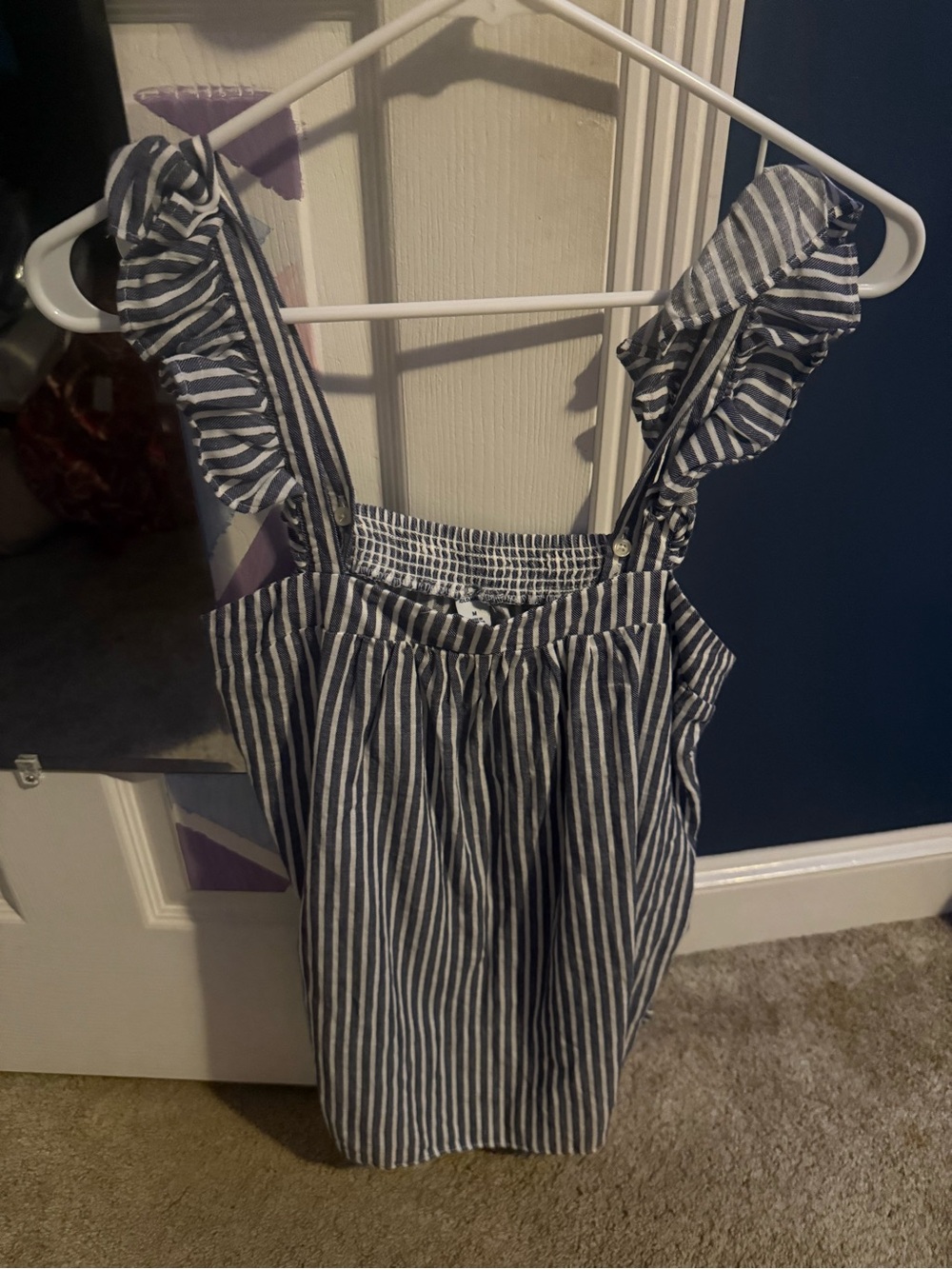 Old Navy Blue and White Striped Ruffle Tank